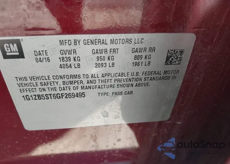 2016 Chevrolet Malibu Ls z USA, uszkodzony, nr VIN 1G1ZB5ST6GF269495